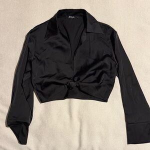 Nasty Gal Black Satin Knot Front Top